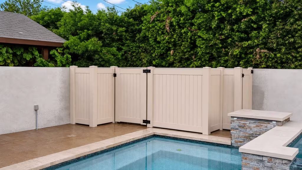 Tan vinyl pool gate and fence assembly stepping past a stone-faced spa in seven divided sections