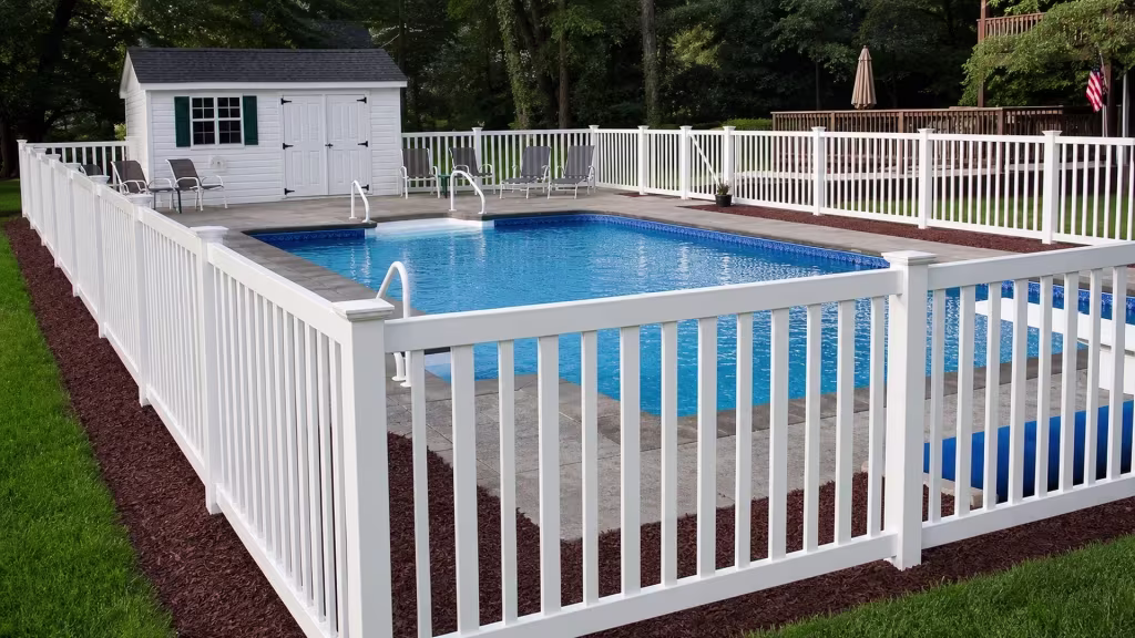 Multiple connected sections of White vinyl pool fence run toward a small poolside building at the rear of the deck