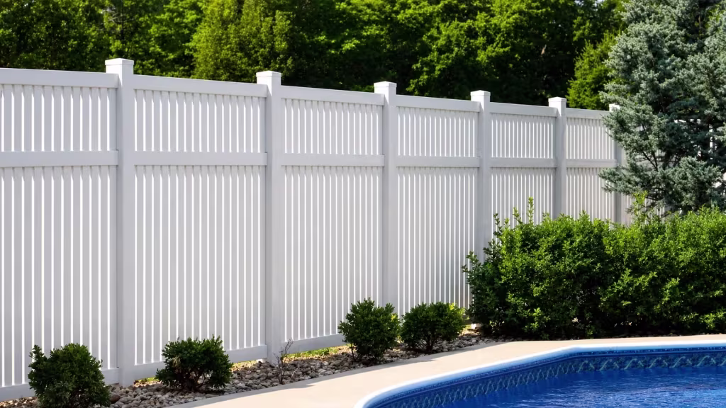 White vinyl two-tier pool fence with six stepped pyramid-capped posts, the rightmost partly hidden from view