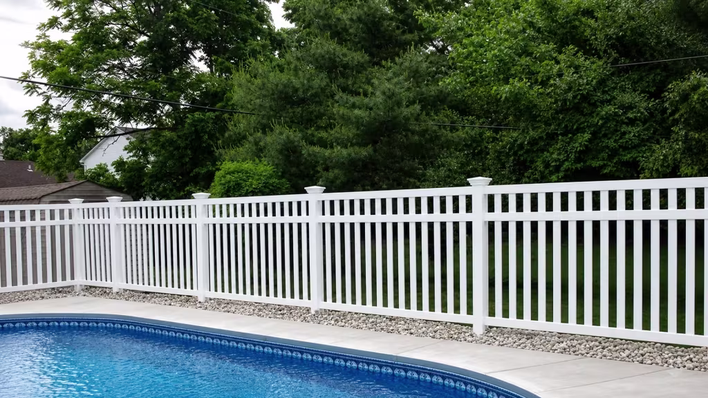 Seen from inside the pool area, a White vinyl pool fence borders a narrow light-stone planting strip along its run