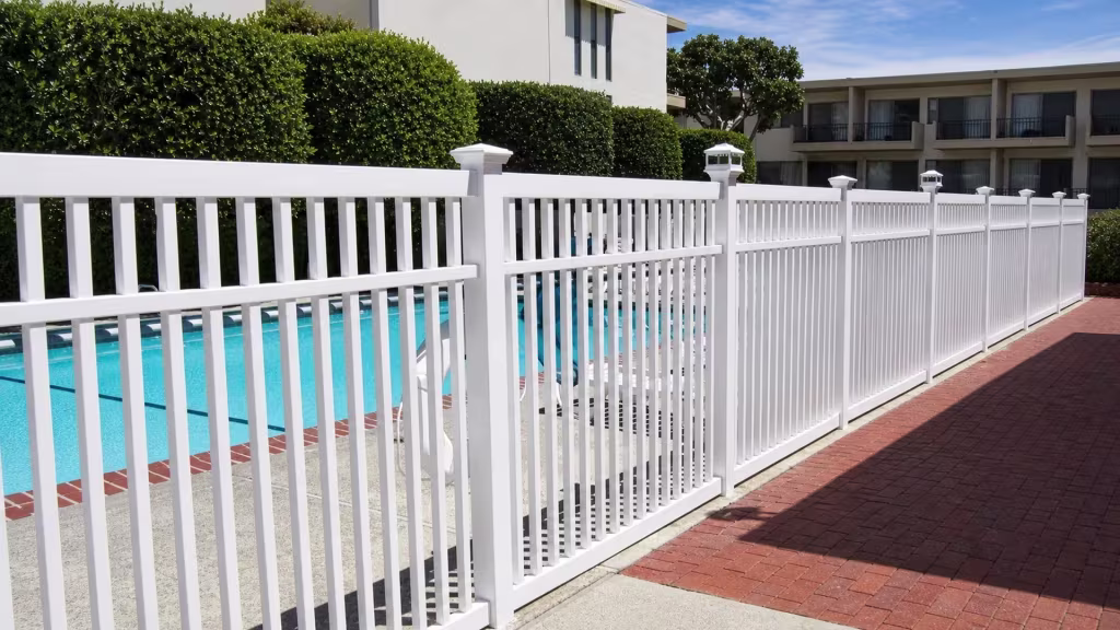 Beige vinyl pool fence receding past a red-brick walkway edge, with a framed gate section near the foreground panel