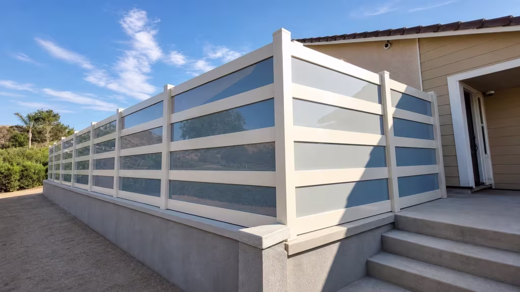 Blue gray acrylic infill fills this Tan vinyl privacy fence turning an L-shaped corner by a stucco house
