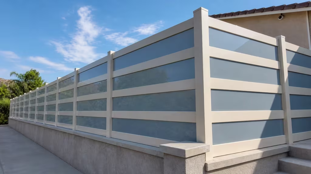 Low masonry patio wall carries this Tan vinyl privacy fence with acrylic near concrete steps