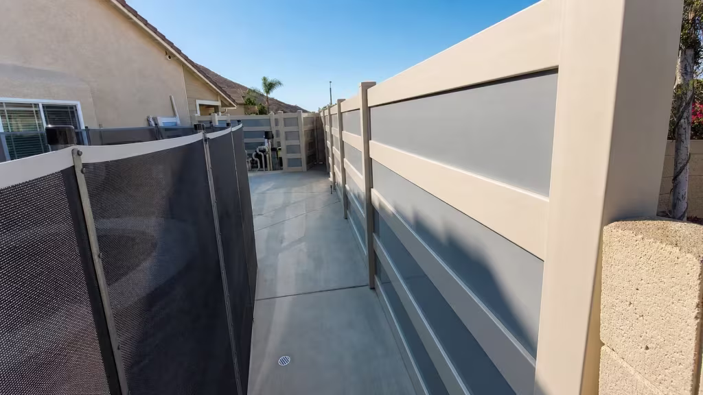 Gray infill panels recede along this Tan vinyl privacy fence with acrylic trim toward a rear return