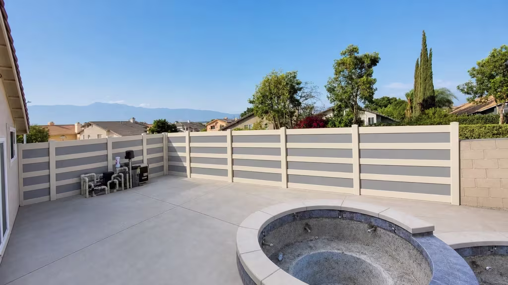 Curved pool coping meets this Tan vinyl privacy fence with acrylic turning a ninety degree corner