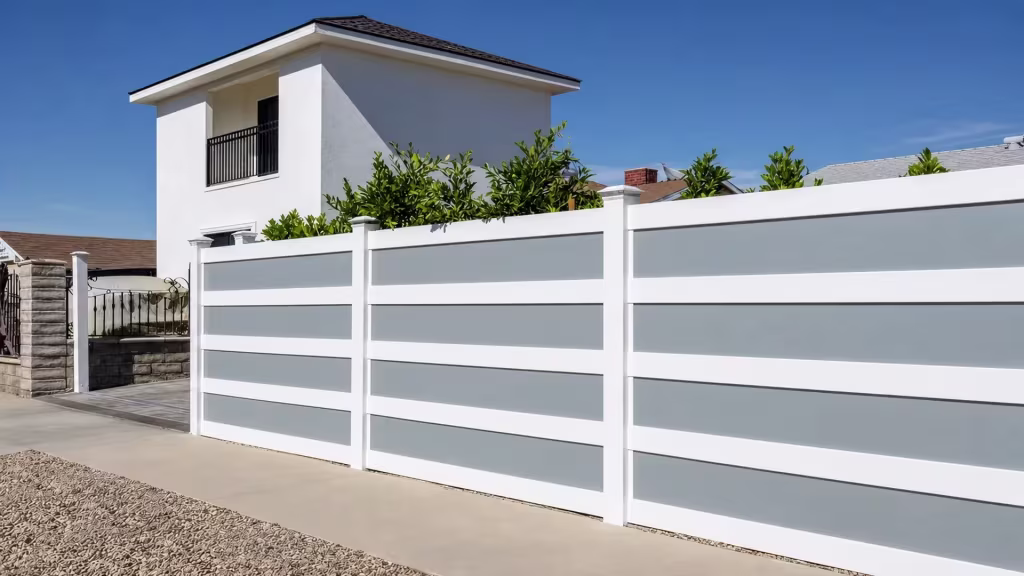 Two story tiled roof house rises behind this White vinyl privacy fence with acrylic along a walkway