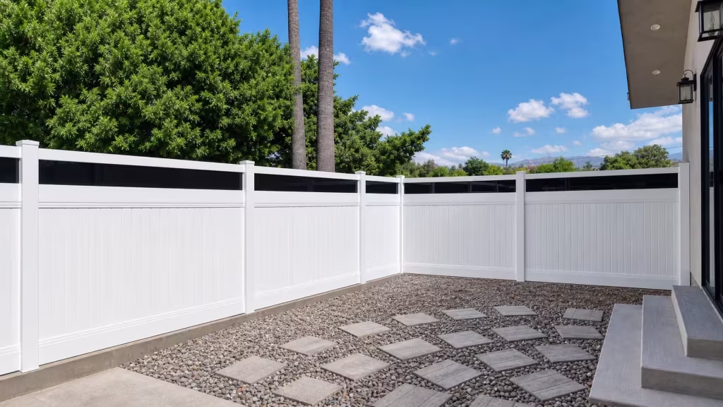 White vinyl privacy fence with acrylic lines five bays past concrete steps beneath palms and distant mountains