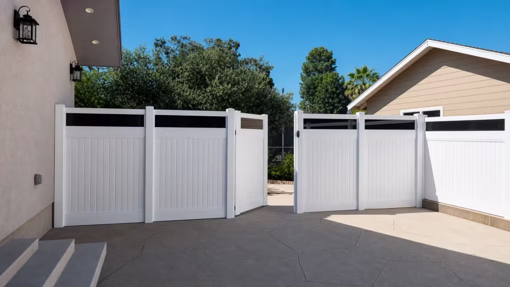 Black wall lanterns mark the house side of this White vinyl privacy fence with acrylic crossing a courtyard toward a gate