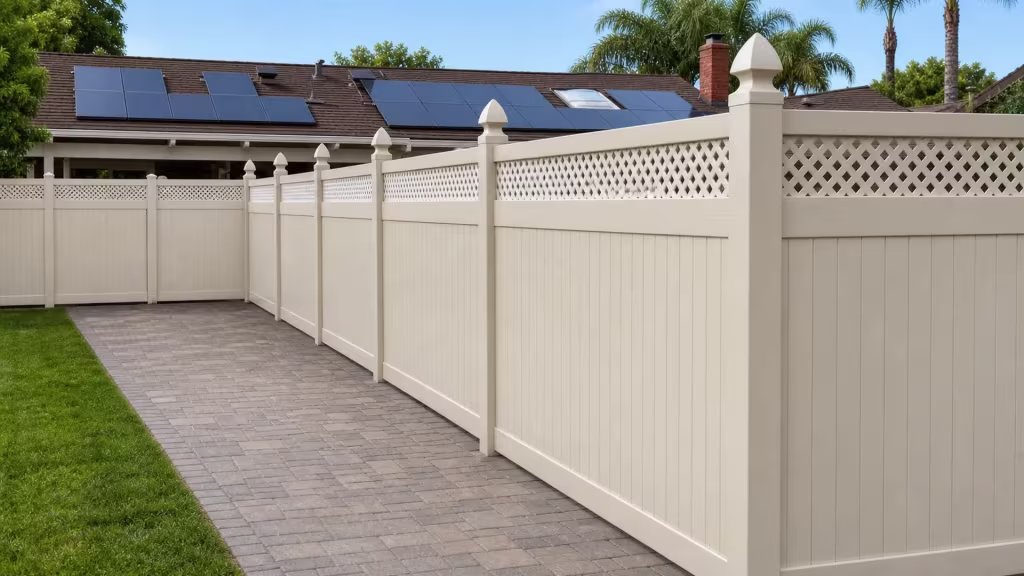 Tan vinyl privacy fence with a diamond lattice top framed by roof solar panels and a brick chimney