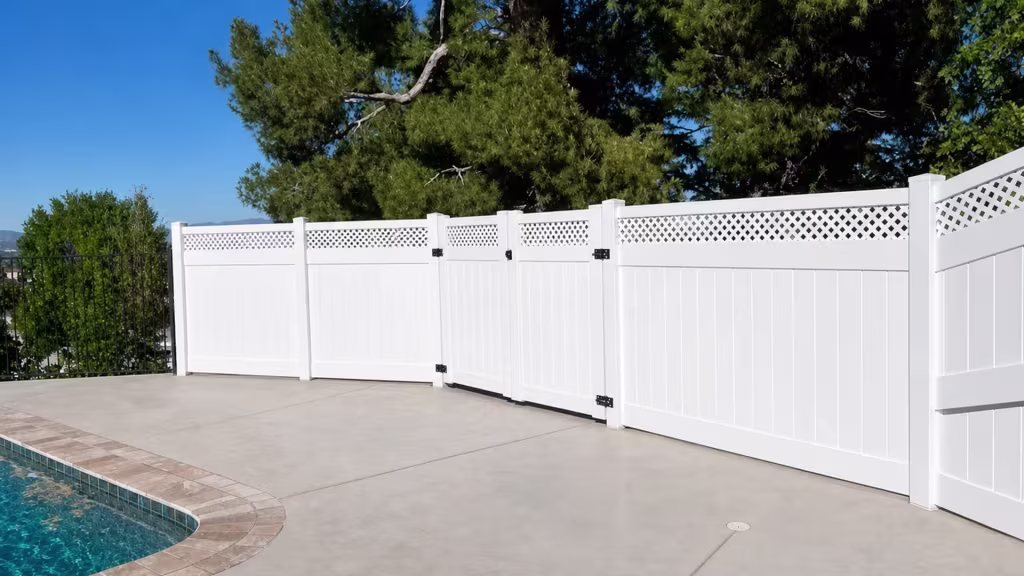 Established trees and shrubs surround a short run of White vinyl privacy fence topped with lattice