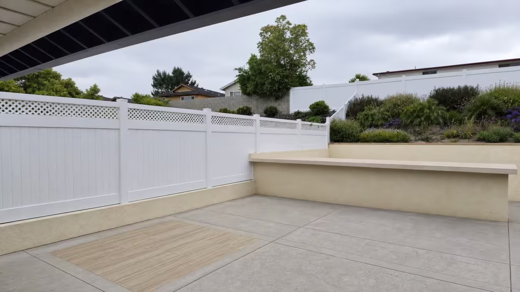 Four stepped White vinyl fence panels with lattice bands descend a hillside beside a block retaining wall