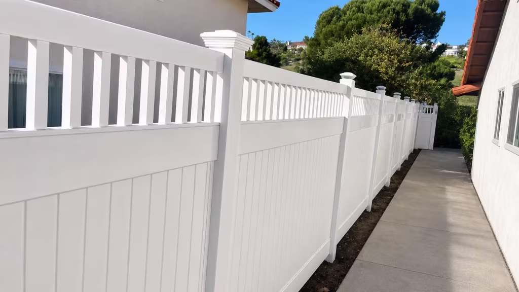 Two houses frame the narrow side yard where this White vinyl fence with a picket top runs its length