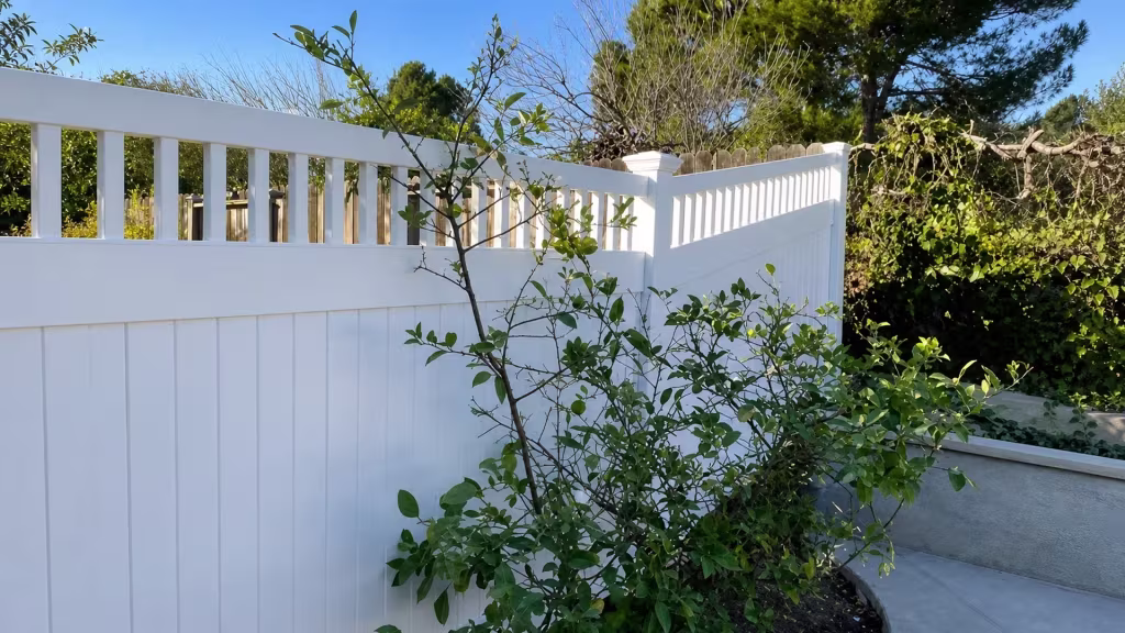 This White vinyl fence with a picket top turns past a circular planter bed and a paved walkway