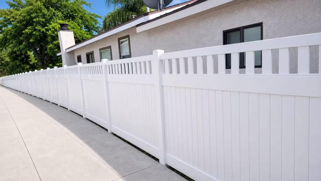 Running diagonally beside a stucco house and chimney, this White vinyl fence carries a picket top