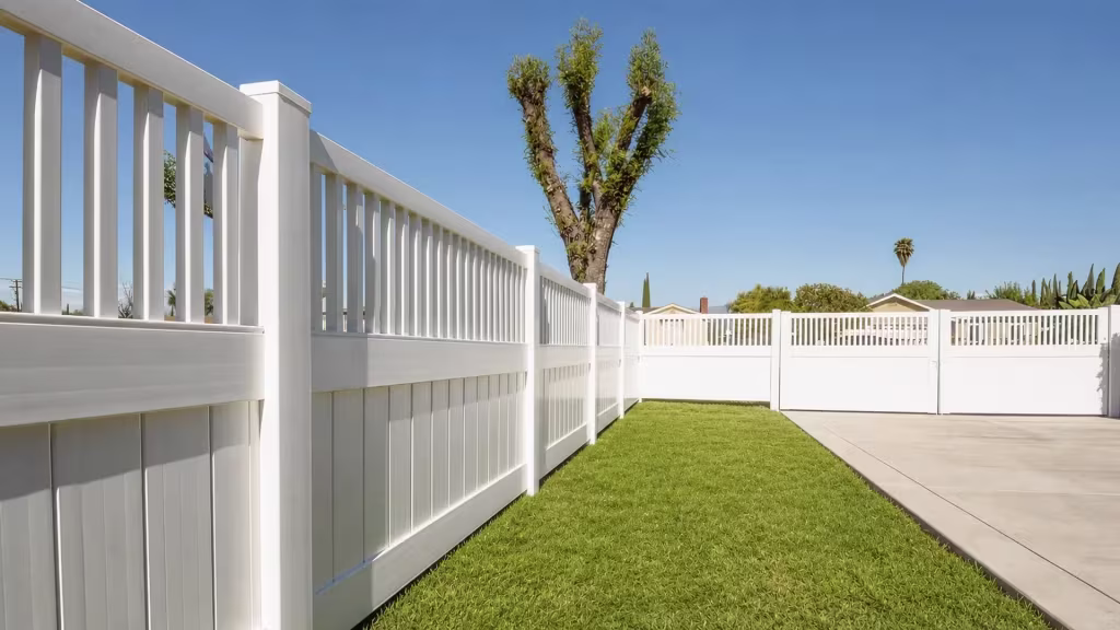 A pollarded tree and concrete driveway edge this White vinyl fence with a picket top around the backyard corner