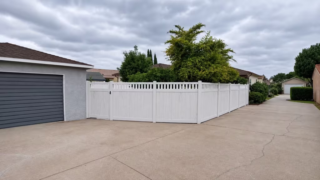 A pedestrian gate is set into this White vinyl fence with a picket top beside a gray garage and driveway
