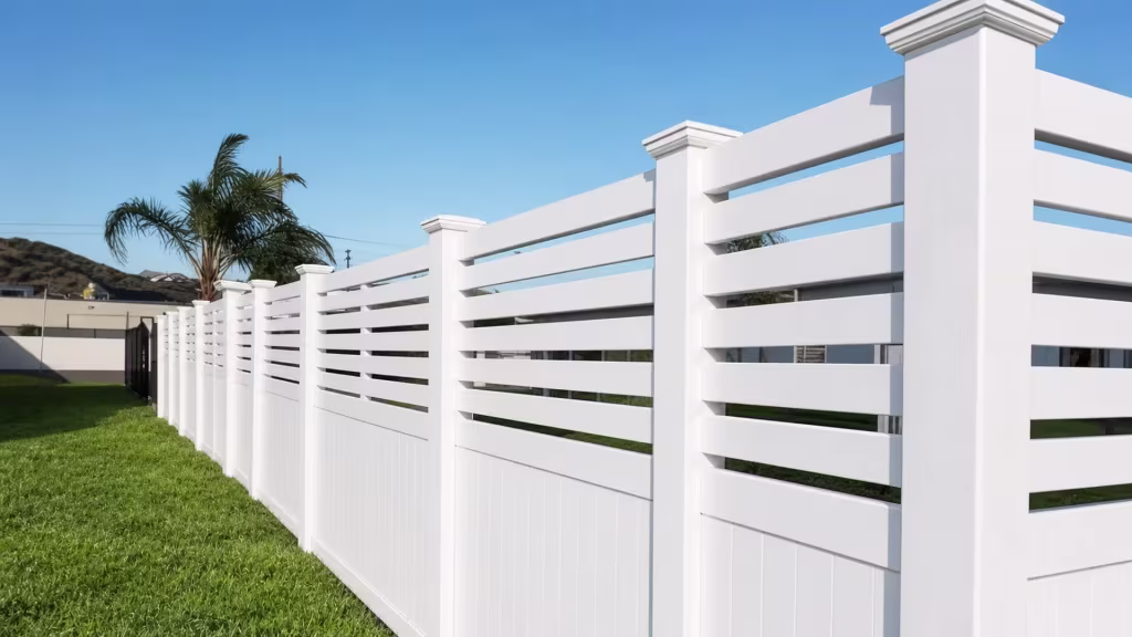 A distant boundary wall and palm tree frame this White vinyl fence with a picket top receding through the yard