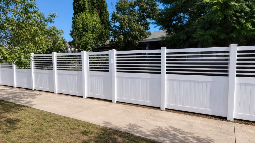 Seven square posts space out this White vinyl fence with a picket top toward a concrete path and the roofline
