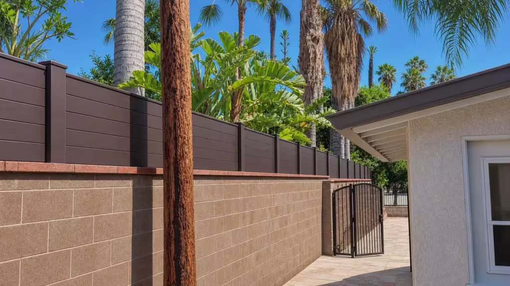 Dark Walnut vinyl topper with four stacked boards per bay along a red brick coping wall