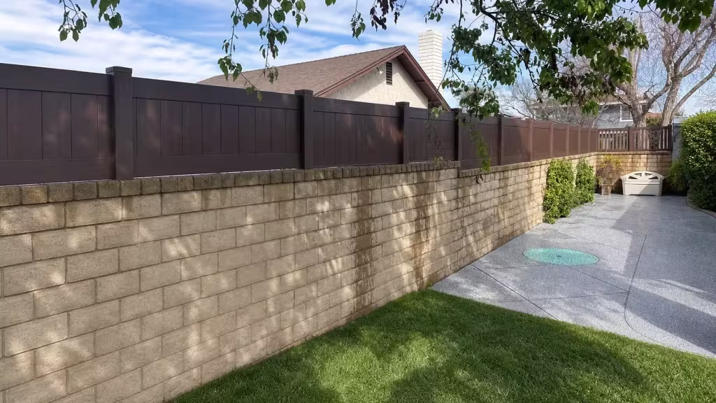 Dark Walnut vinyl wall topper receding across a tan masonry wall past the house patio and chimney