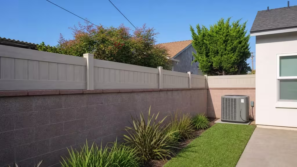 Mesquite vinyl wall topper turning a right angle corner above a dark gray block wall near an HVAC condenser