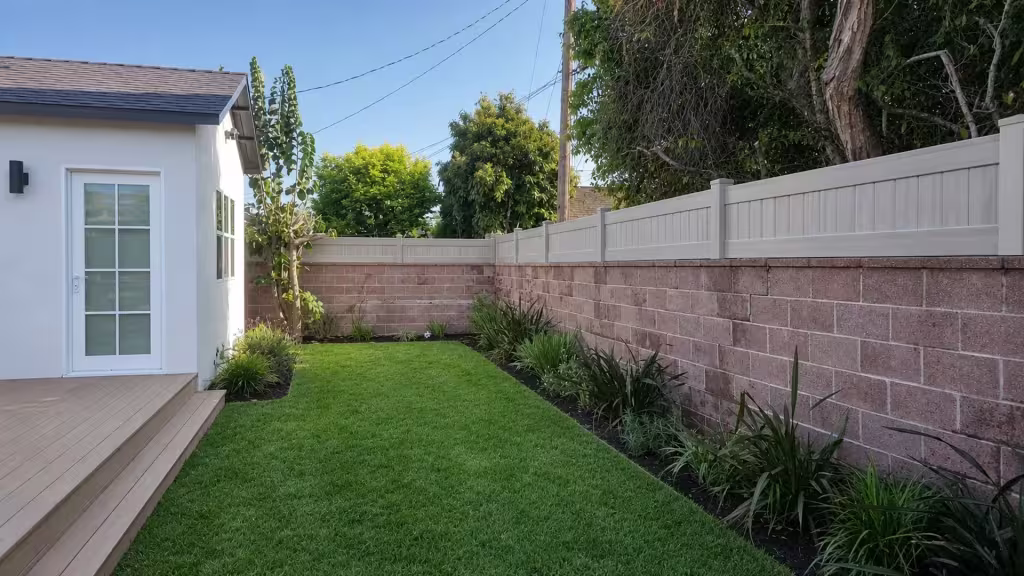 Mesquite vinyl topper wraps a corner on a pinkish red block wall near the house deck and steps