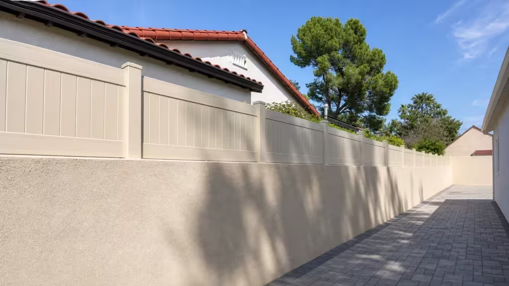 Tan vinyl privacy wall topper recedes along a beige stucco wall past a gray paver walkway and tile roof house