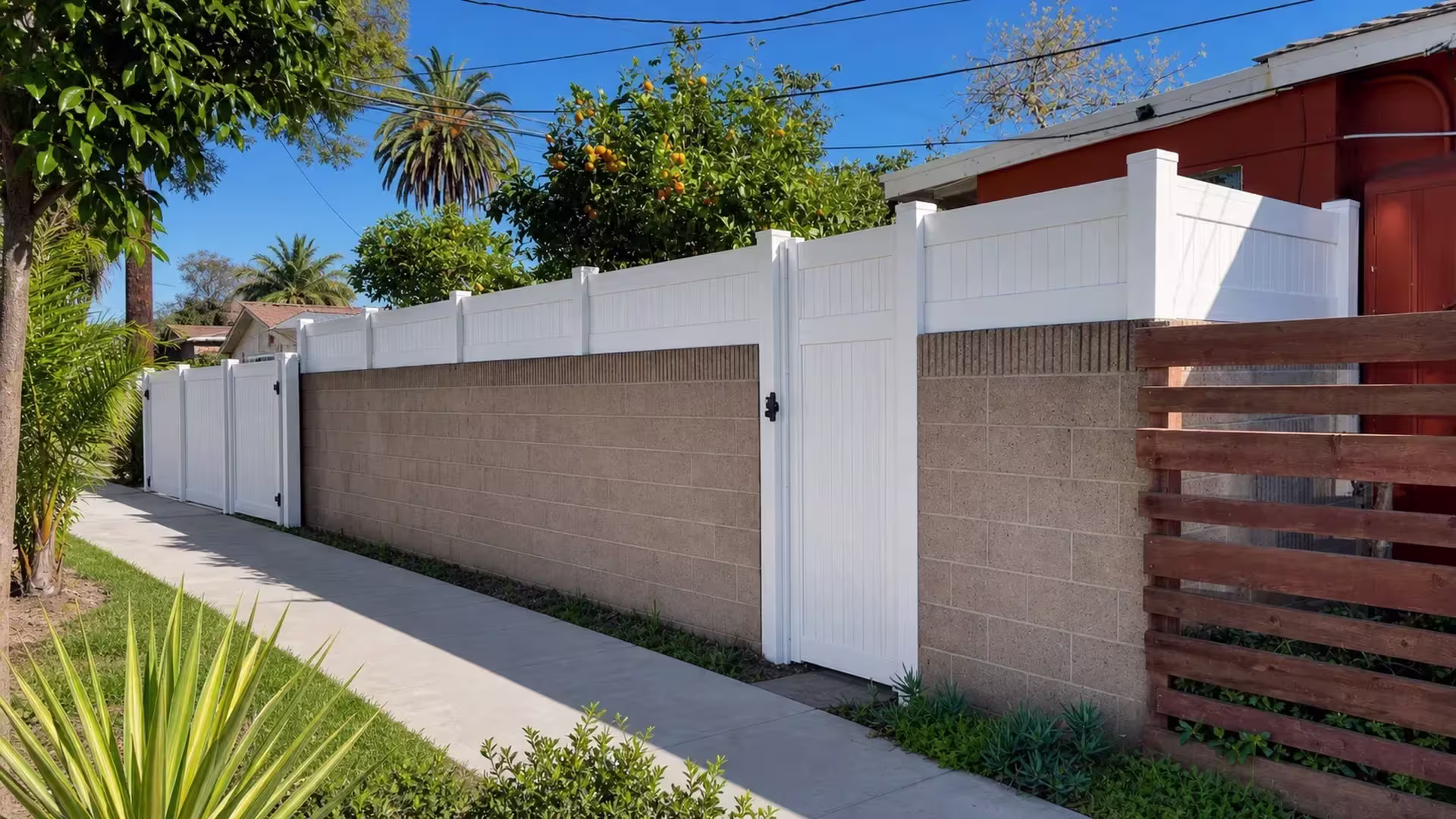 Weathered Aspen vinyl wall topper mounted on a tan block wall beside a citrus tree and a wood slat screen