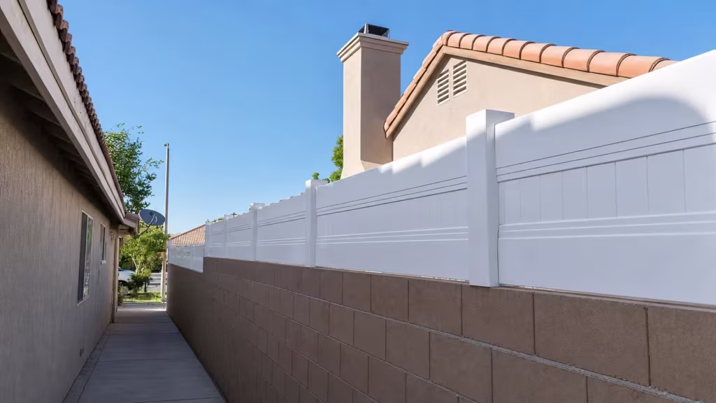Tan block wall carries a White vinyl privacy topper through a side passage near a satellite dish and tile roof