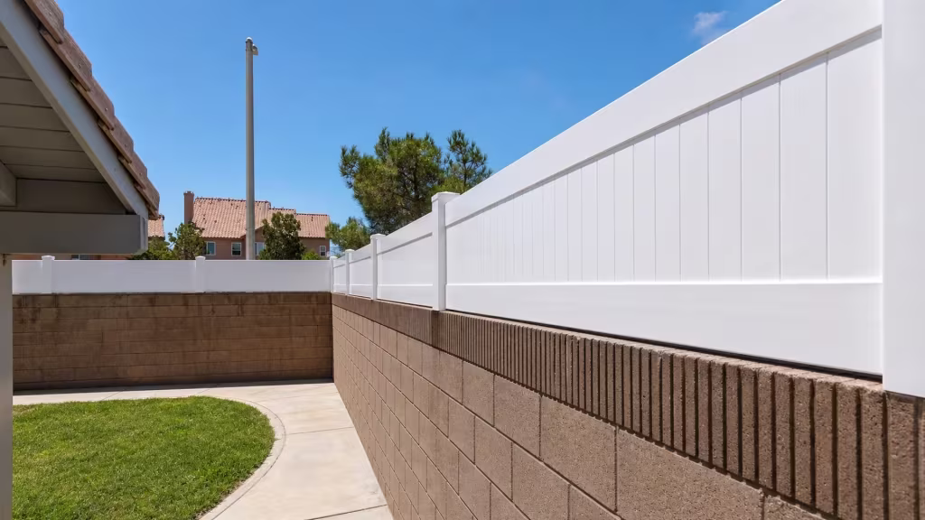 L-shaped White vinyl privacy wall topper turns a tan block wall corner near a tall light pole