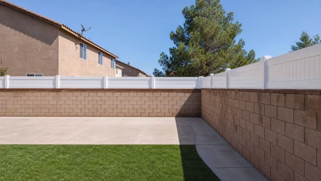 Mature pine trees shade a White vinyl privacy wall topper lining the backyard perimeter wall
