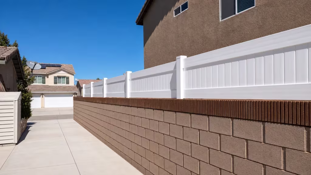White vinyl privacy wall topper follows a brown block wall past a narrow side yard beneath rooftop solar panels