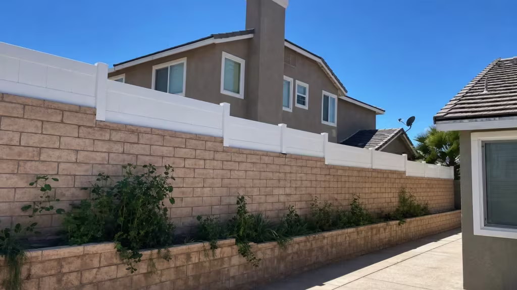 Stepped White vinyl privacy wall topper descends a tan masonry wall past a raised planter and chimney
