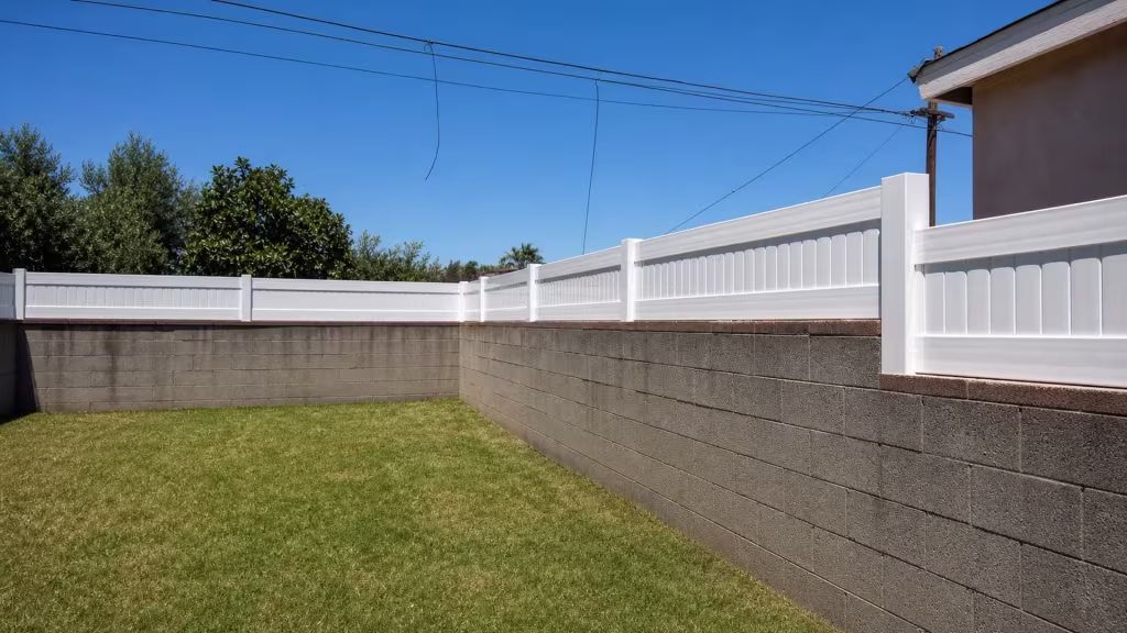 Overhead utility wires and a roof edge frame a White vinyl privacy wall topper on the graded retaining wall