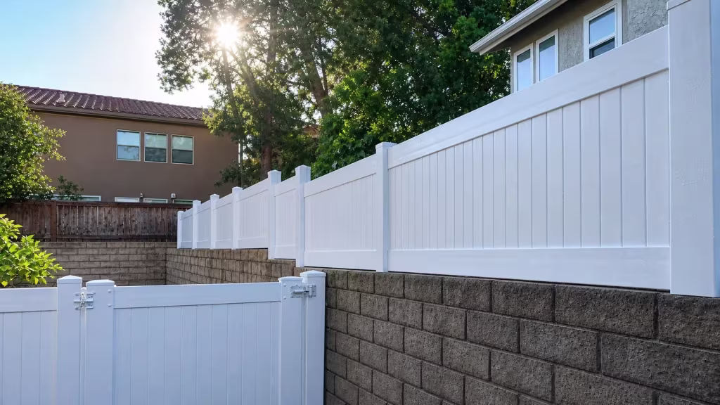 Neighboring wood fence line meets a White vinyl privacy wall topper stepping down the masonry wall