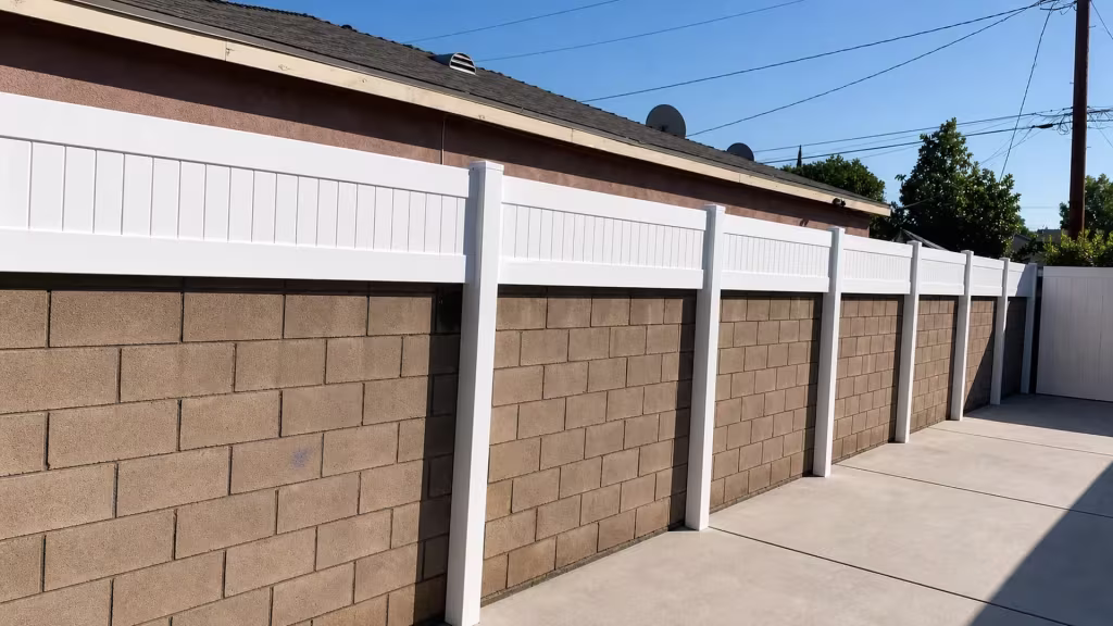 Roofline fascia and satellite dishes overlook a White vinyl privacy wall topper on the tan block wall