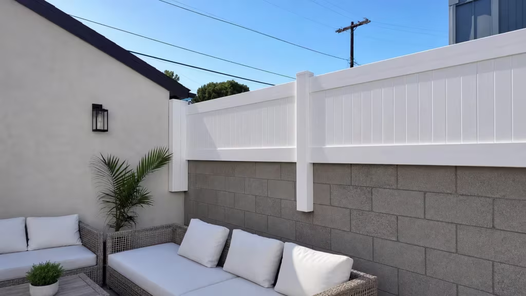White vinyl privacy wall topper includes a picket gate section near a black wall lantern and palm