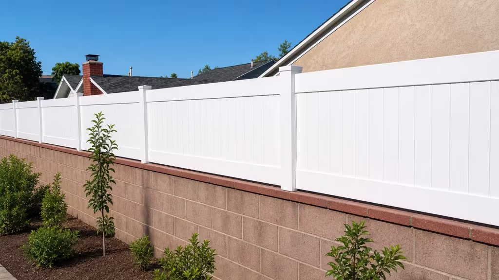 Tan and pink block wall wears a White vinyl privacy wall topper along its red-brown cap course