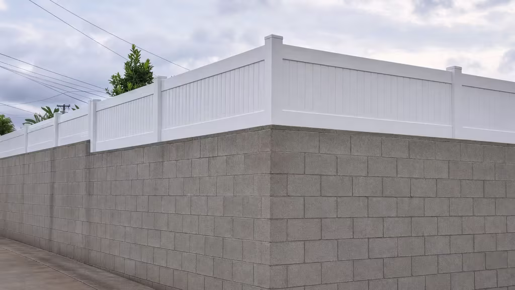 A square outside corner catches the White vinyl privacy topper as it wraps a tall gray block wall along the alley