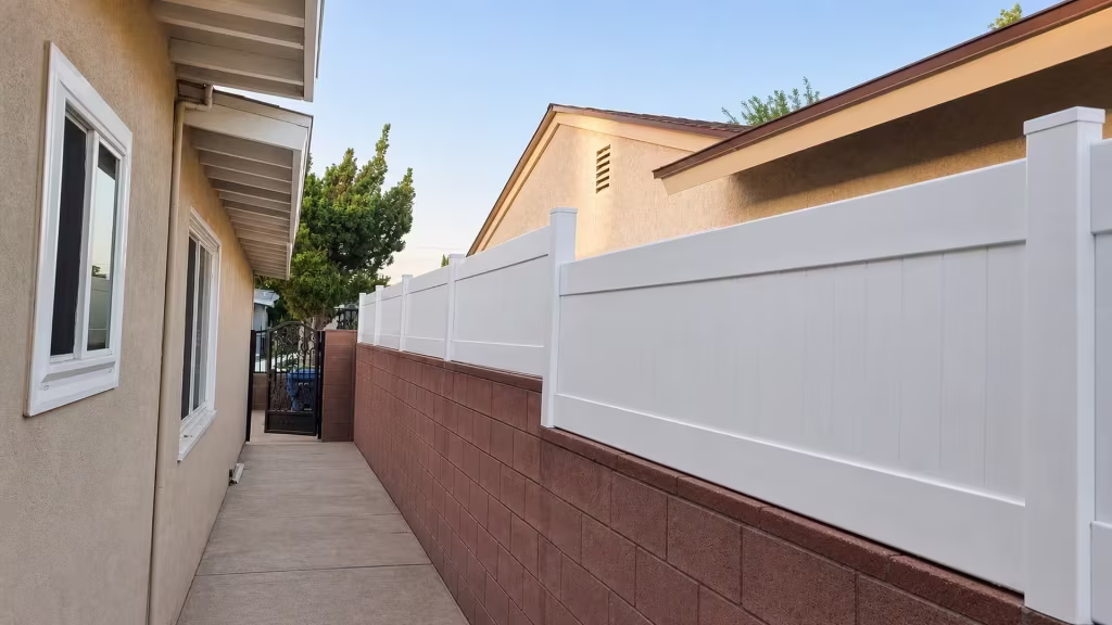 A wrought iron pedestrian gate stands where the White vinyl privacy topper ends along the red-brown block wall