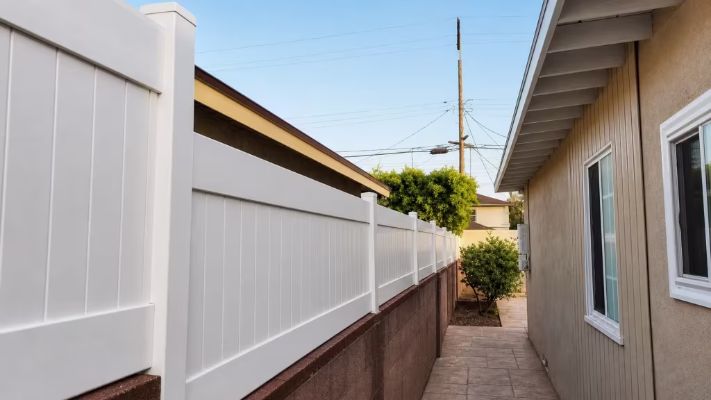 A flat-capped square post opens onto the narrow paved passage where a White vinyl topper runs along the brown block wall