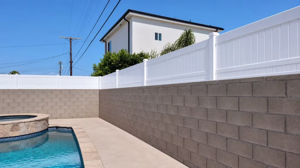 An L-shaped corner carries the White vinyl privacy topper around a block wall bordering this pool deck and coping