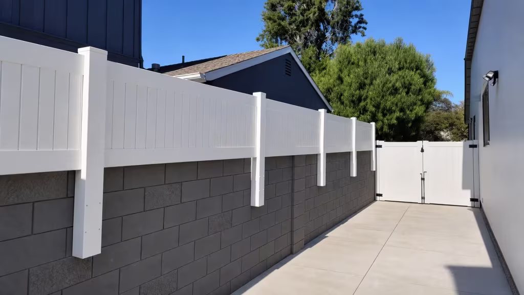 Long White vinyl wall topper extends toward an existing gate along a dark block wall
