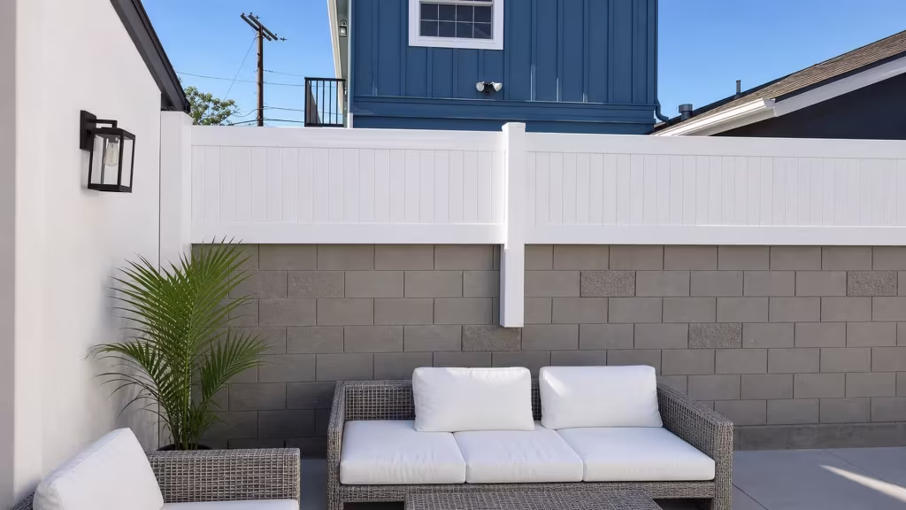Block wall crowned by a White vinyl privacy topper beside a blue sided house with a trimmed window