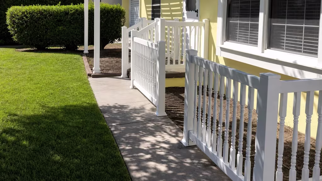 White vinyl accessibility railing lines a sloped concrete approach beside a pale yellow house