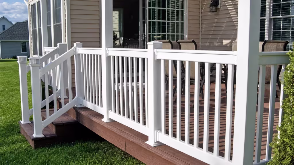 White vinyl guardrail and stair railing installed on a raised brown deck above the lawn