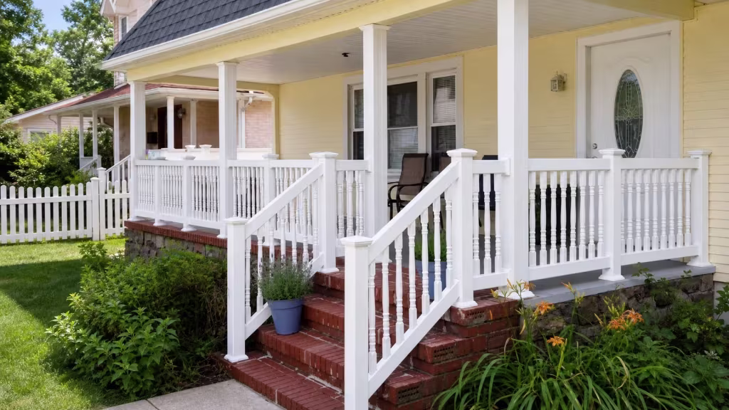 White vinyl porch and stair railing sits on a raised red brick porch at a pale yellow house