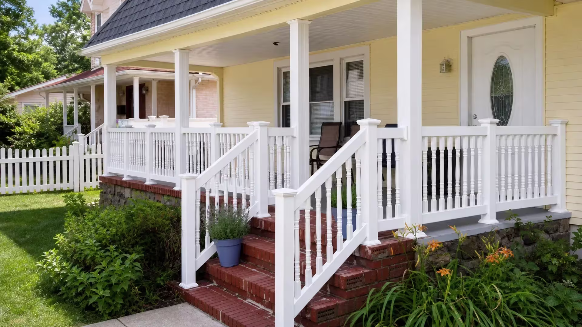 White vinyl porch and stair railing sits on a raised red brick porch at a pale yellow house