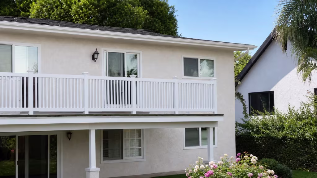 White vinyl balcony railing runs the full length of a second story light stucco house near mature palm trees