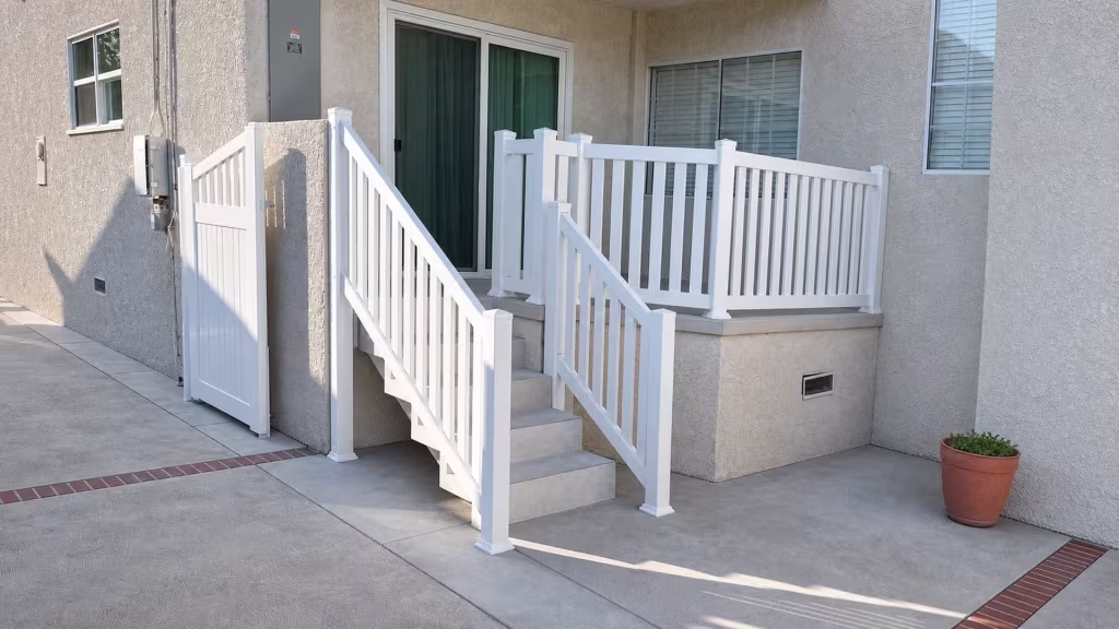 A matching vinyl gate stands beside White vinyl porch and stair railing on a raised stucco porch
